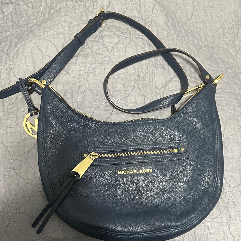 Michael Kors Dark Blue Hobo Bag with Gold Accents